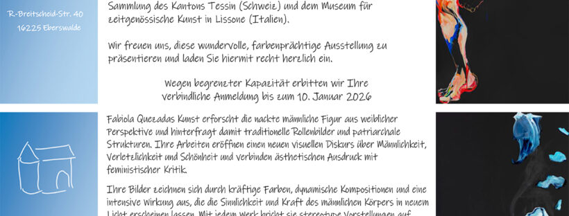 Experience powerful, colourful works that depict the male body from a female perspective and challenge traditional gender roles. The exhibition can be visited by appointment until March 8, 2026